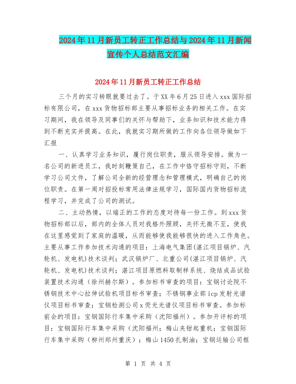 2024年11月新员工转正工作总结与2024年11月新闻宣传个人总结范文汇编_第1页