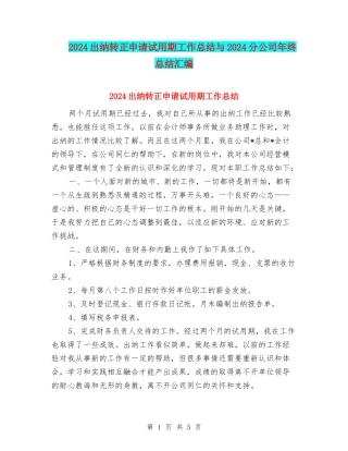 2024出纳转正申请试用期工作总结与2024分公司年终总结汇编