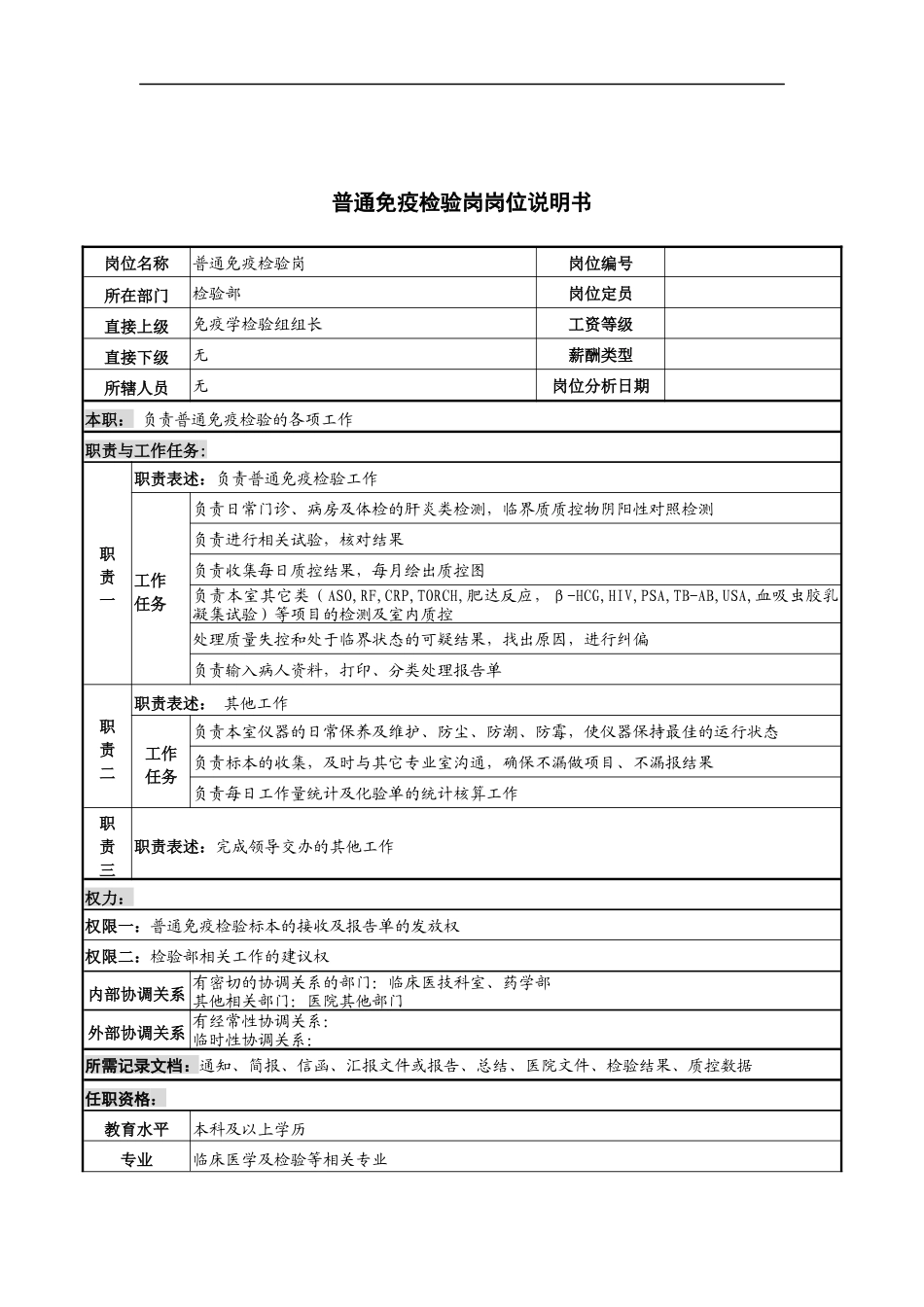 普通免疫检验岗岗位说明书_第1页