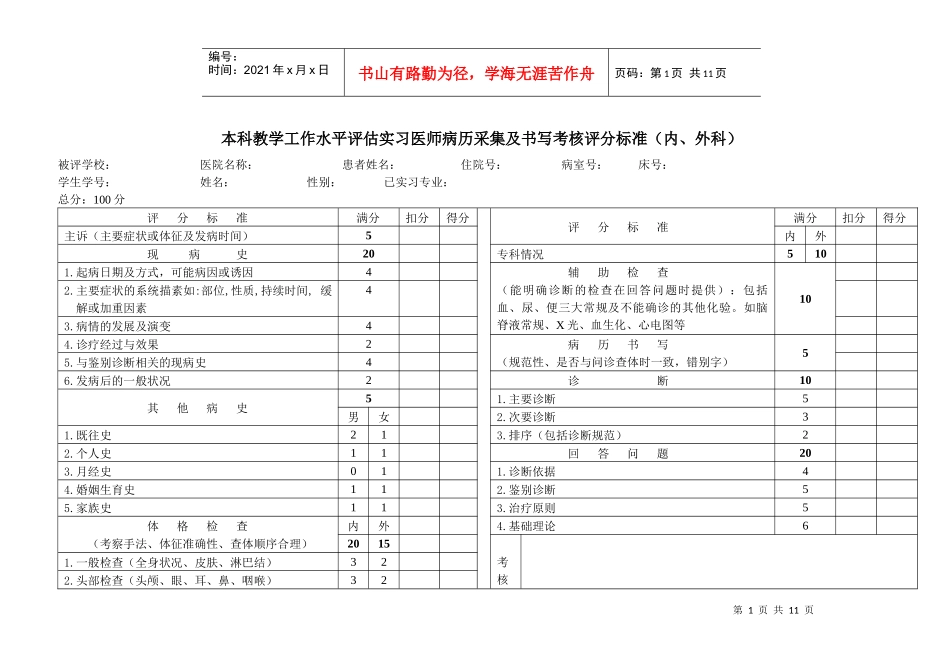 本科教学工作水平评估实习医师病历采集及书写考核评分_第1页