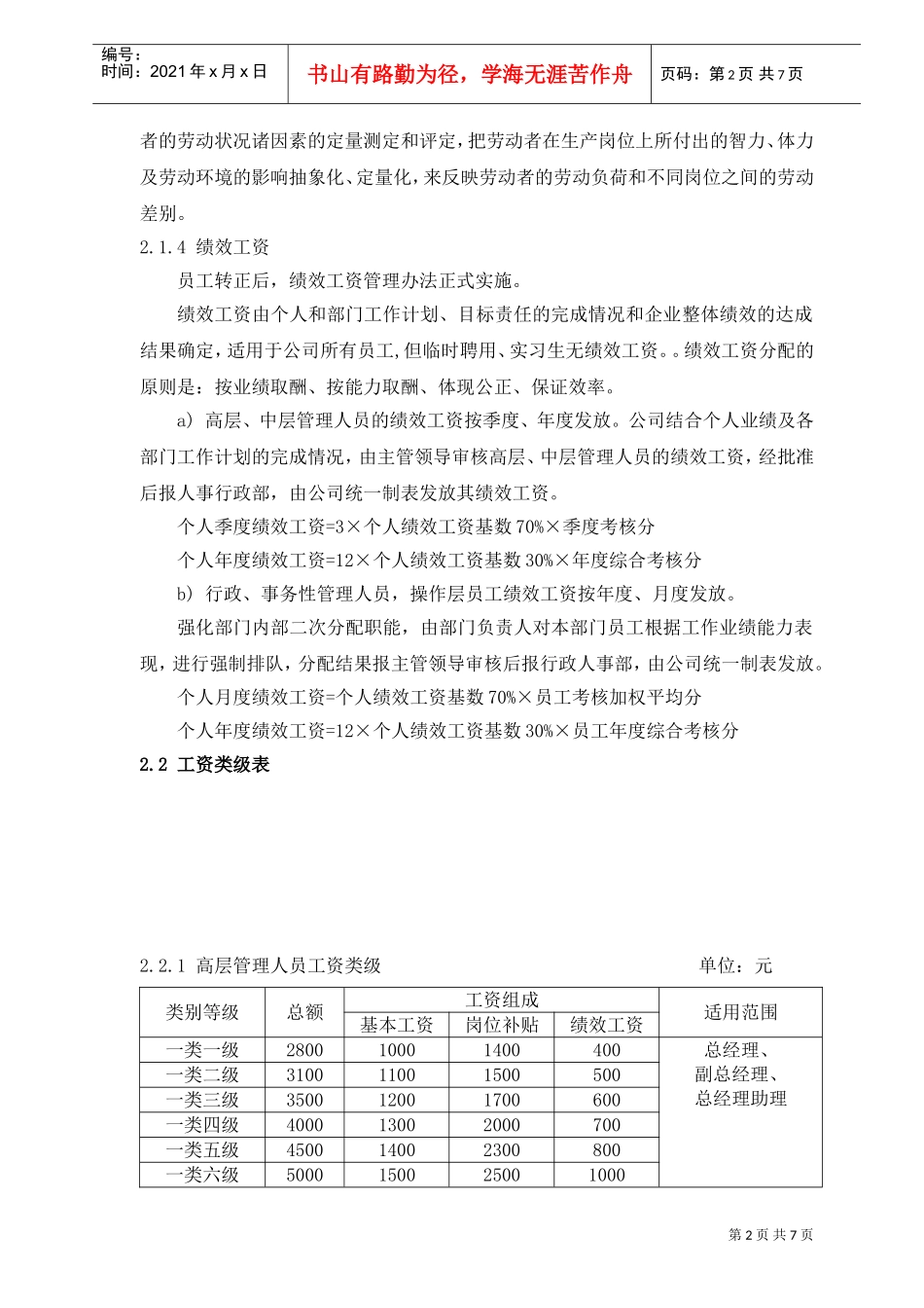 西安某某物业公司薪酬与福利管理规定_第2页