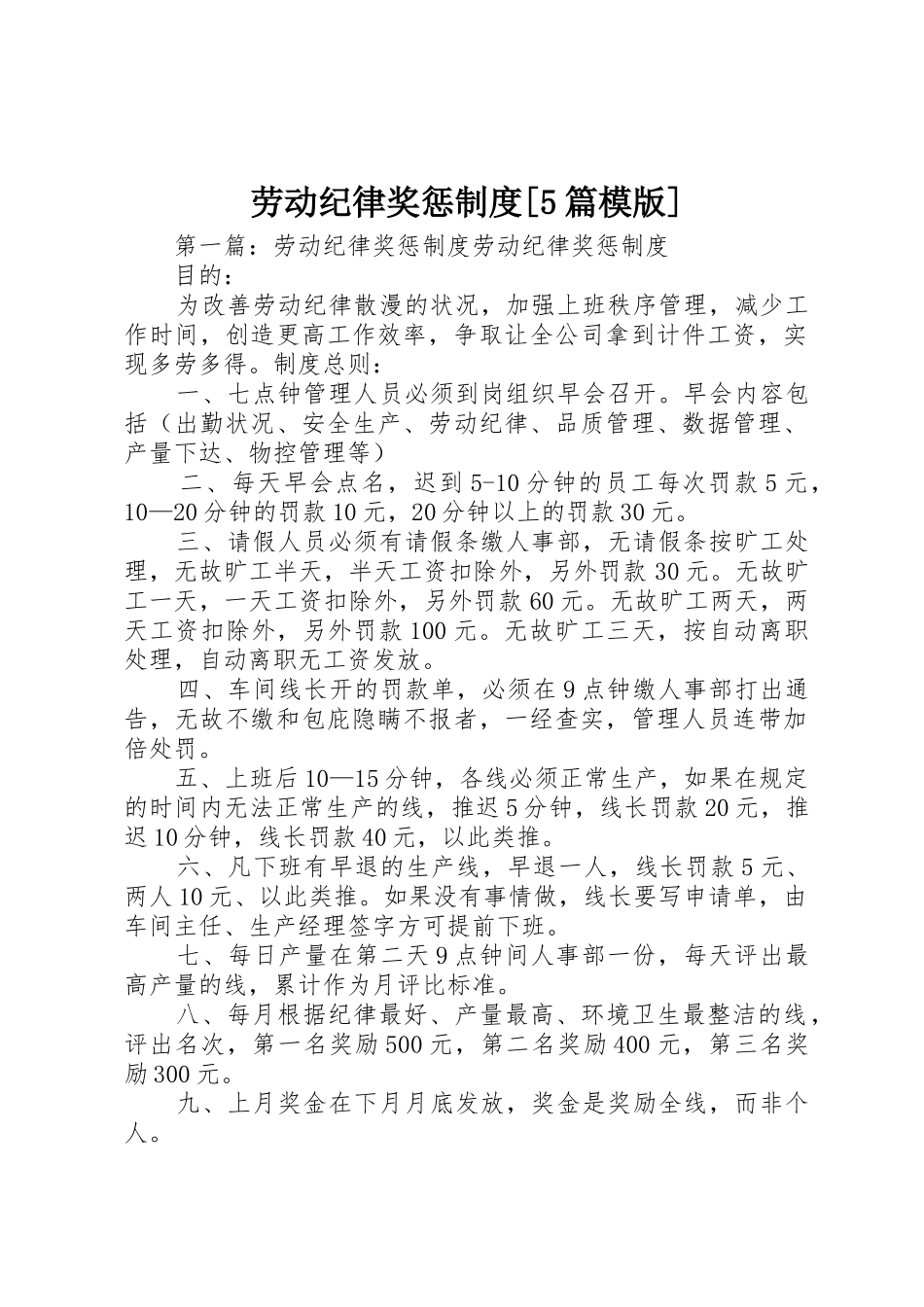劳动纪律奖惩规章制度[5篇模版]_第1页