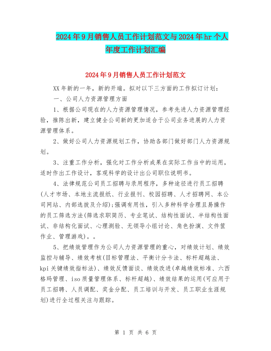 2024年9月销售人员工作计划范文与2024年hr个人年度工作计划汇编_第1页