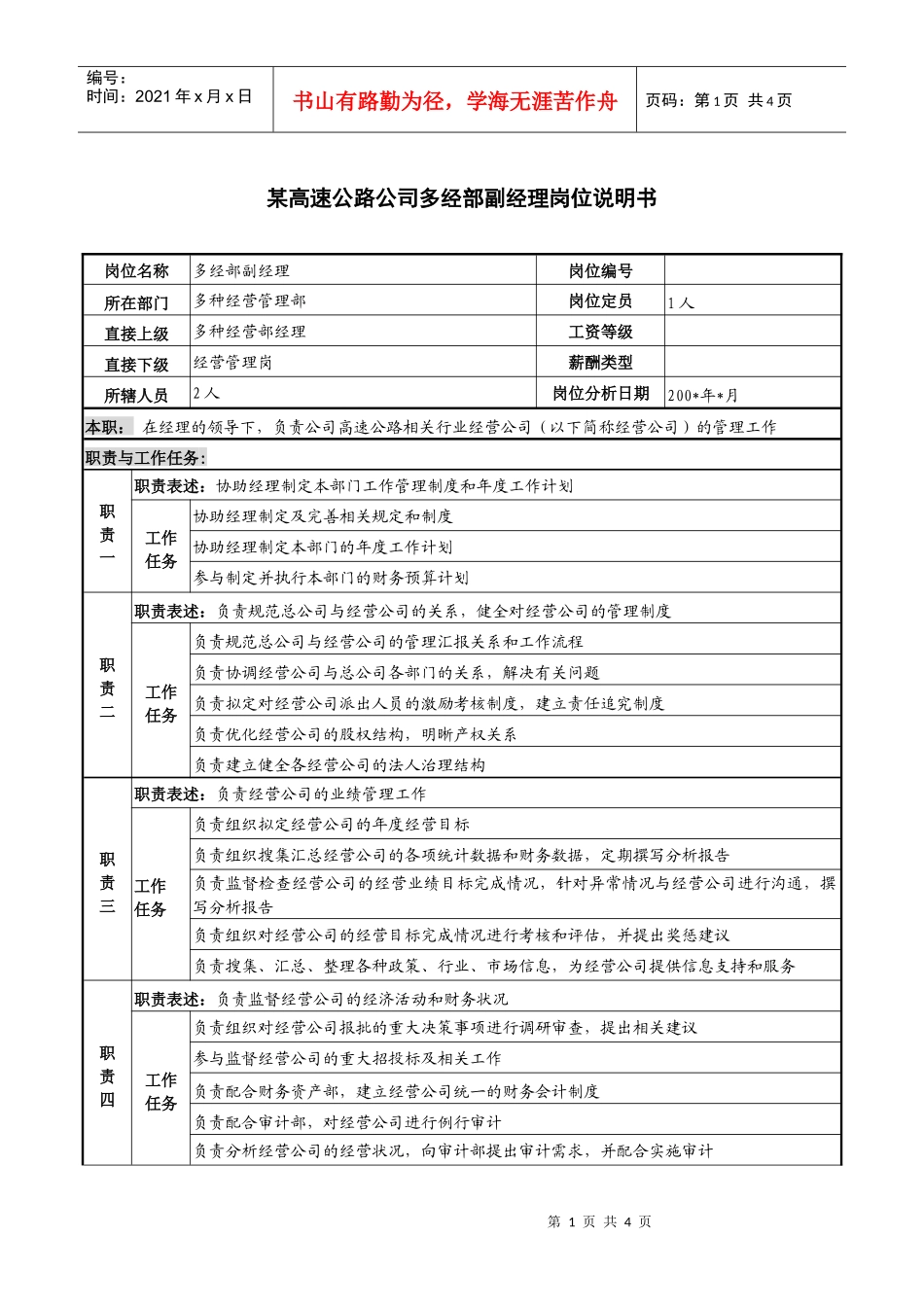 某高速公路公司多经部副经理岗位说明书_第1页