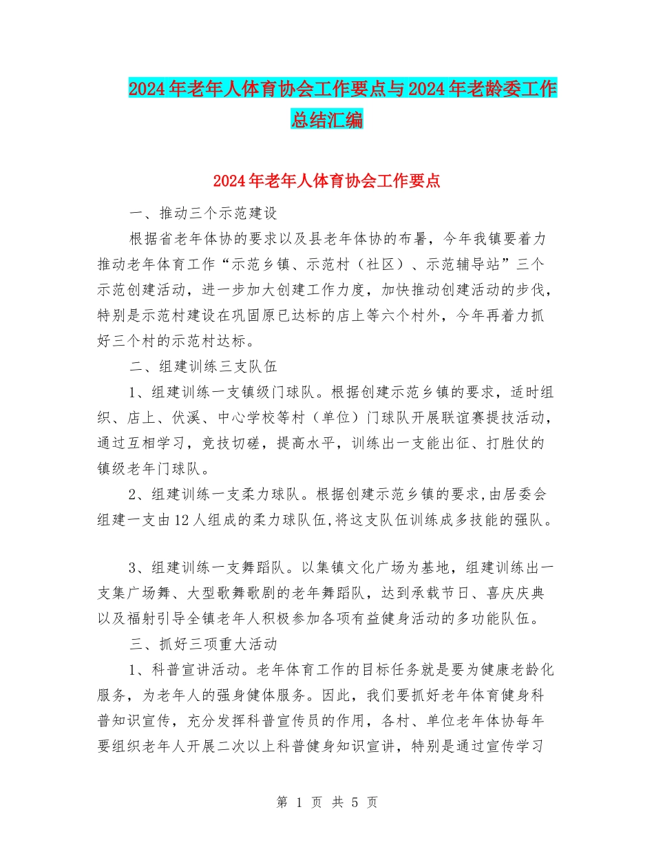2024年老年人体育协会工作要点与2024年老龄委工作总结汇编_第1页