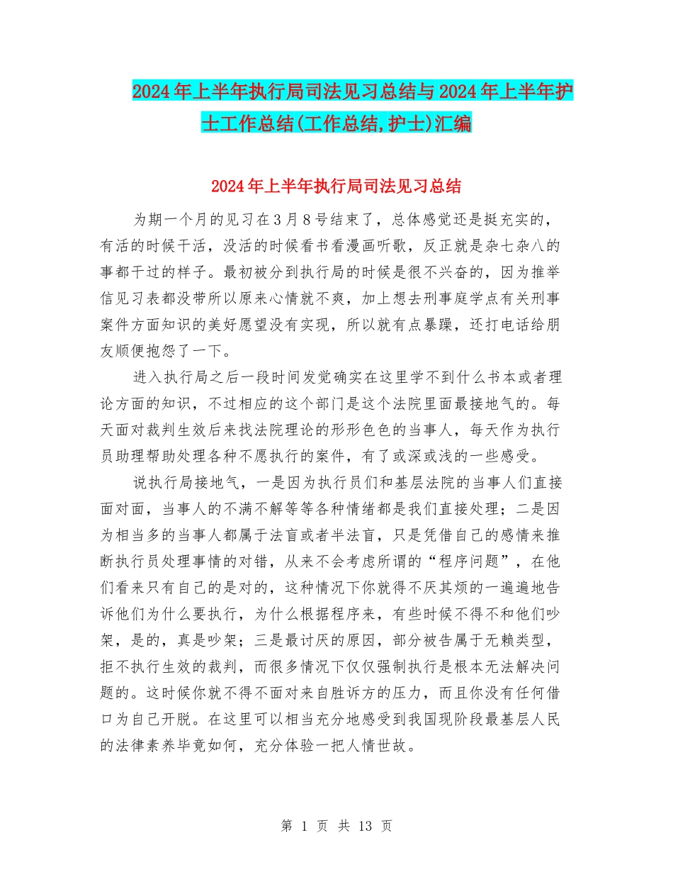 2024年上半年执行局司法见习总结与2024年上半年护士工作总结汇编_第1页