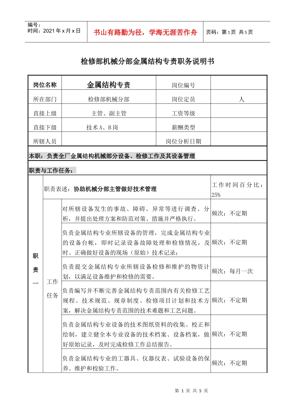 职务说明书-金属结构专责_第1页