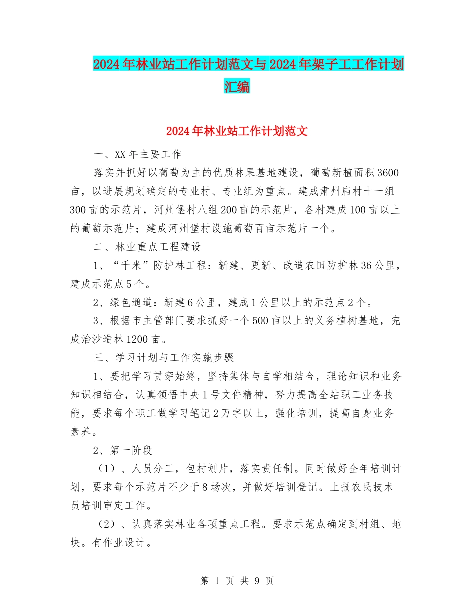 2024年林业站工作计划范文与2024年架子工工作计划汇编_第1页
