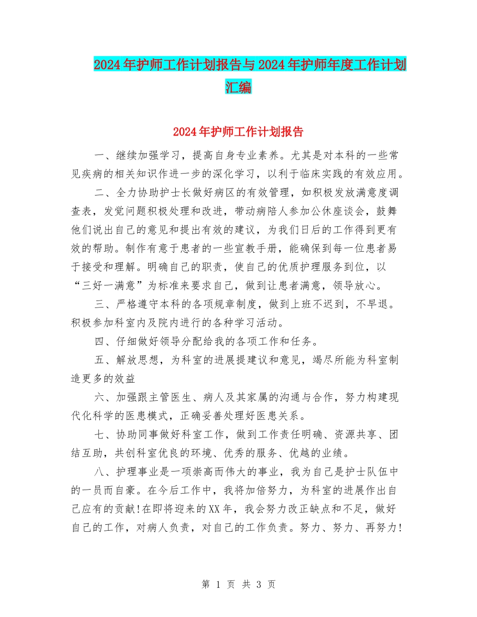 2024年护师工作计划报告与2024年护师年度工作计划汇编_第1页