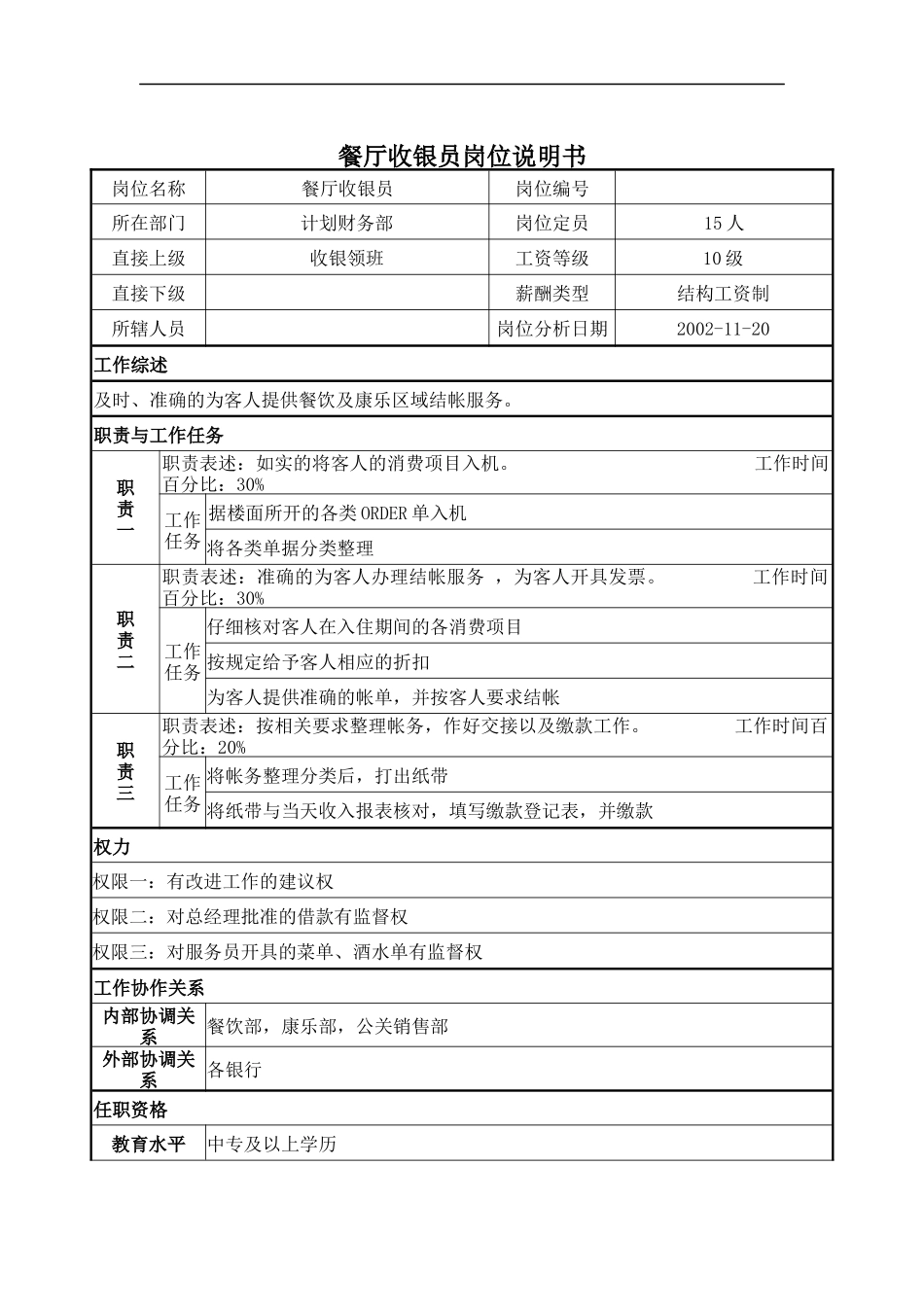 餐厅收银员岗位说明书_第1页