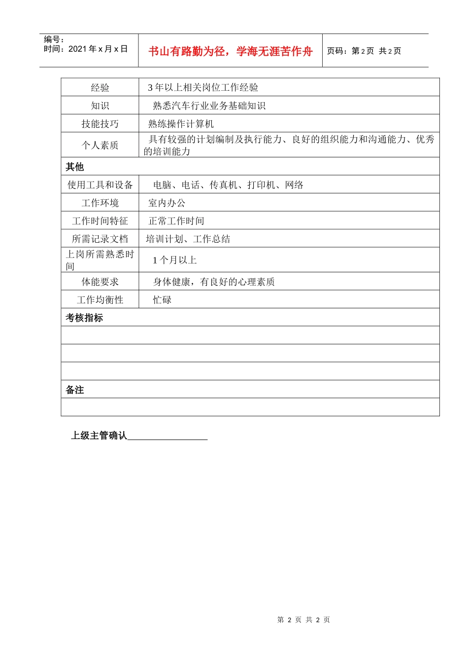 某汽车集团人力资源部培训主管岗位说明书_第2页