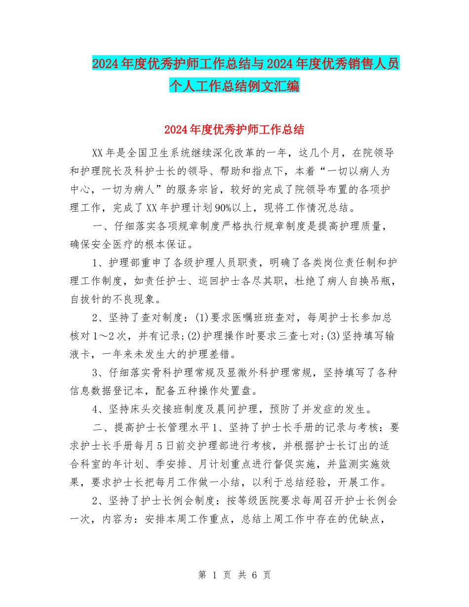 2024年度优秀护师工作总结与2024年度优秀销售人员个人工作总结例文汇编_第1页