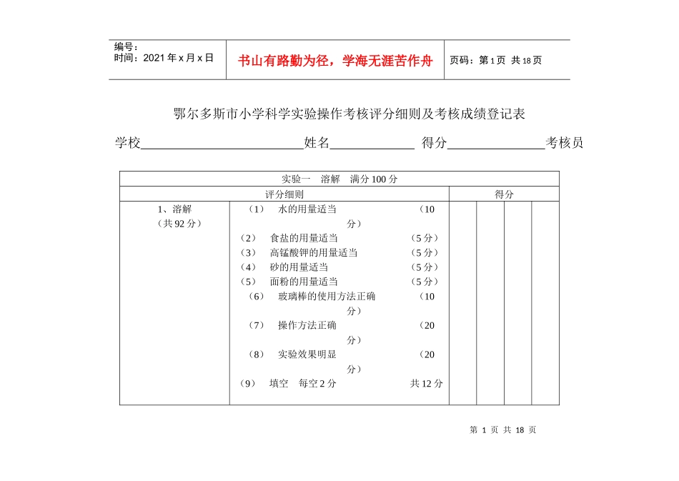 鄂尔多斯市小学科学实验操作考核评分细则及考核成绩登记表XXXX_第1页