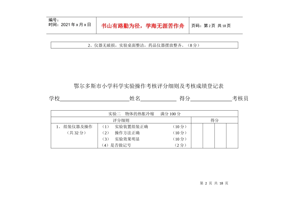 鄂尔多斯市小学科学实验操作考核评分细则及考核成绩登记表XXXX_第2页