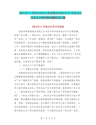 2024年11月电力公司工作总结与2024年11月电力公司总会计师述职述廉报告汇编