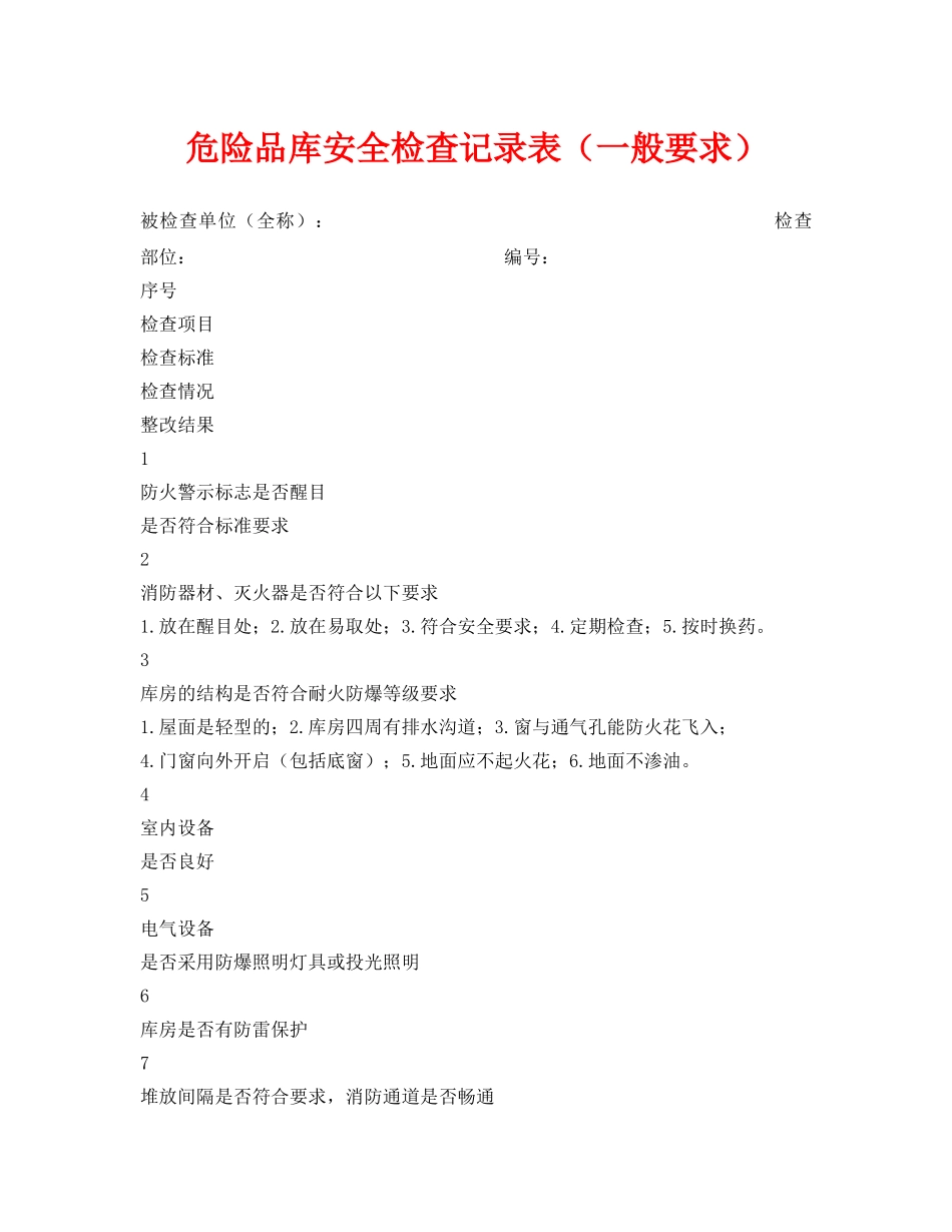 《安全管理资料》之危险品库安全检查记录表（一般要求） _第1页