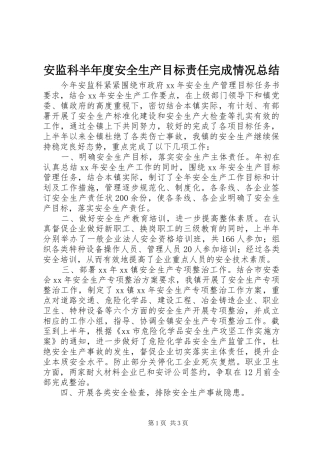 安监科半年度安全生产目标责任完成情况总结