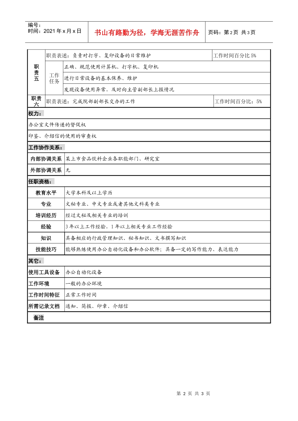 食品饮料企业行政秘书职务说明书_第2页