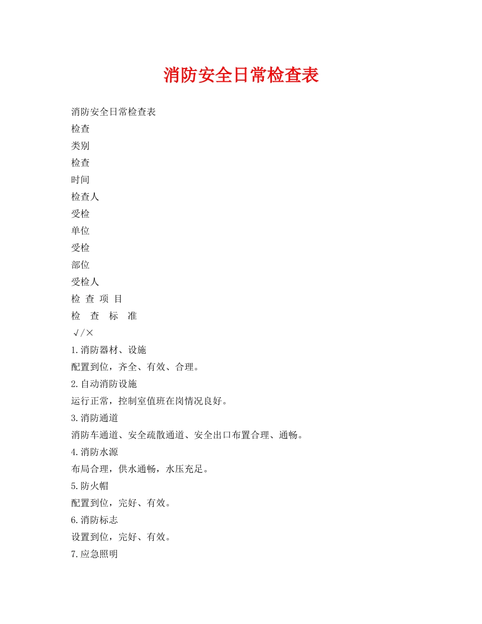 《安全管理资料》之消防安全日常检查表 _第1页