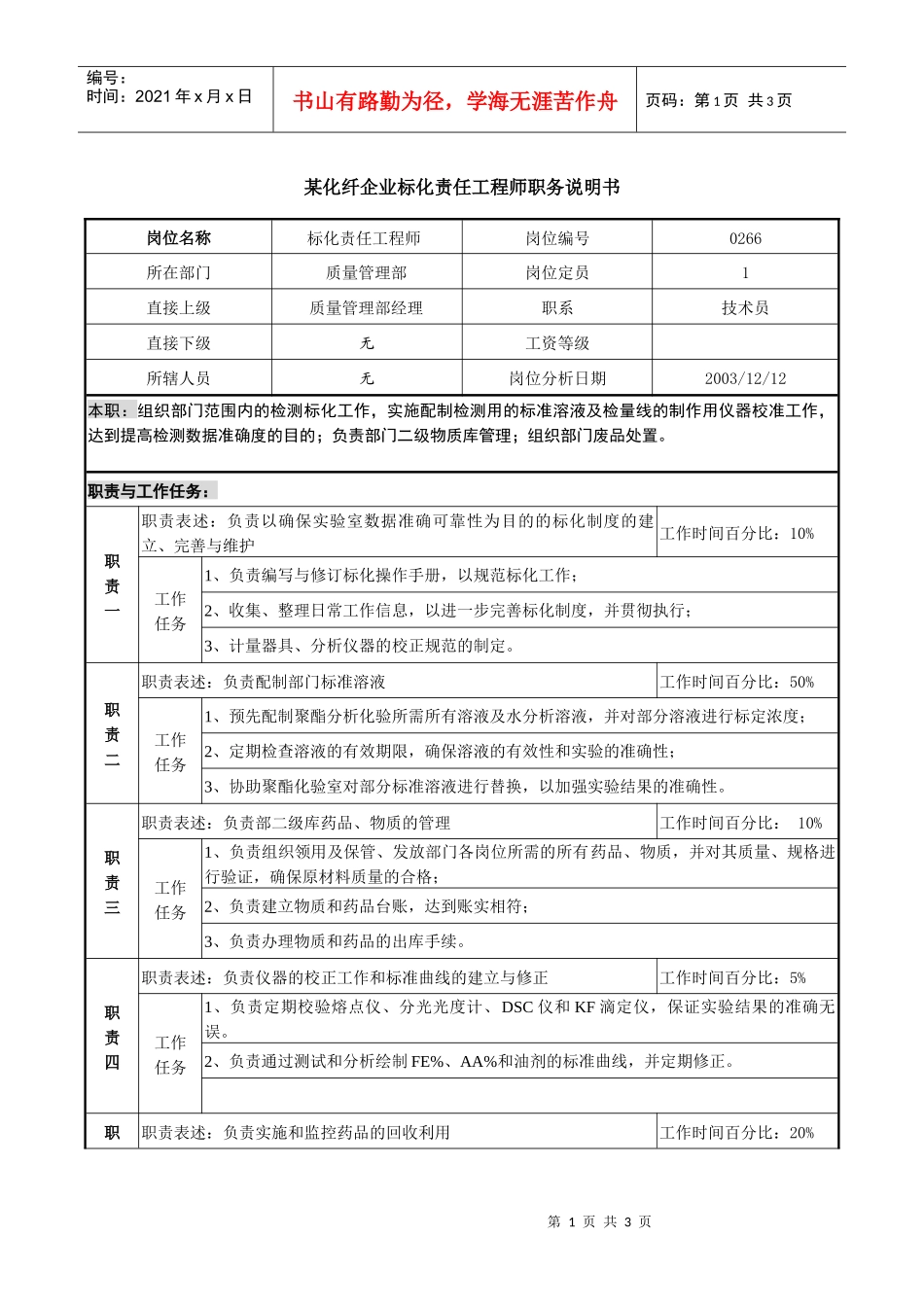 某化纤企业标化责任工程师职务说明书_第1页