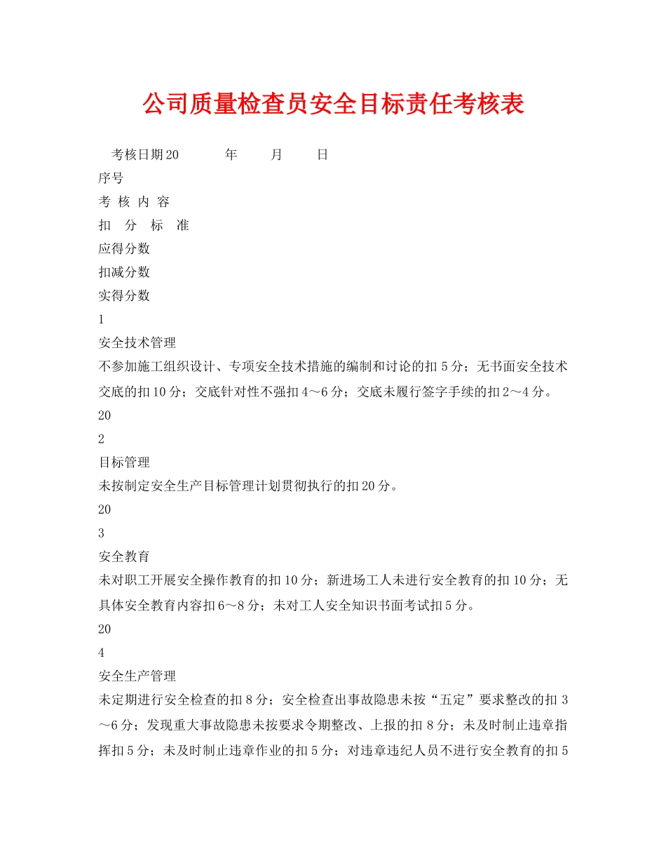 《安全管理资料》之公司质量检查员安全目标责任考核表 _第1页