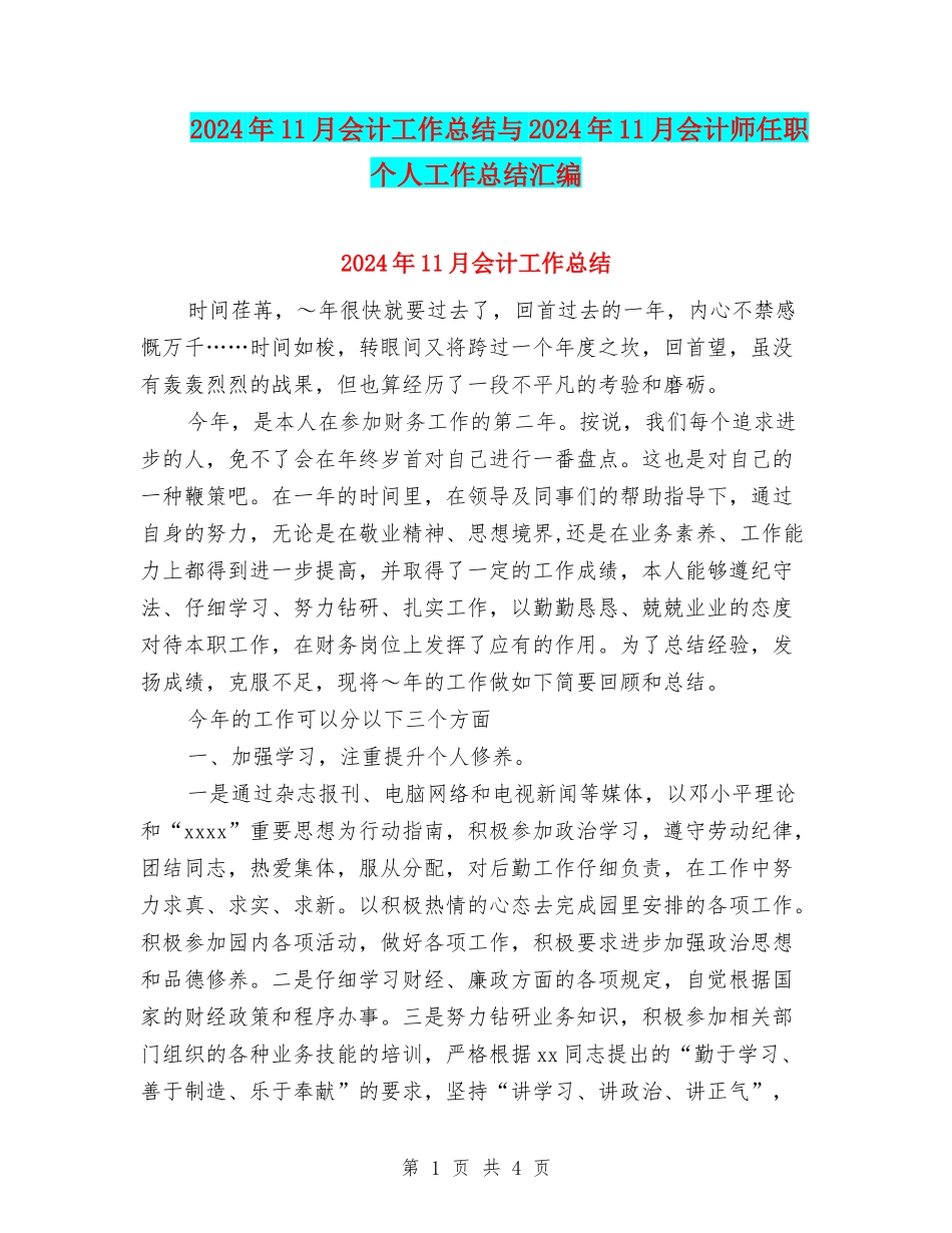 2024年11月会计工作总结与2024年11月会计师任职个人工作总结汇编_第1页