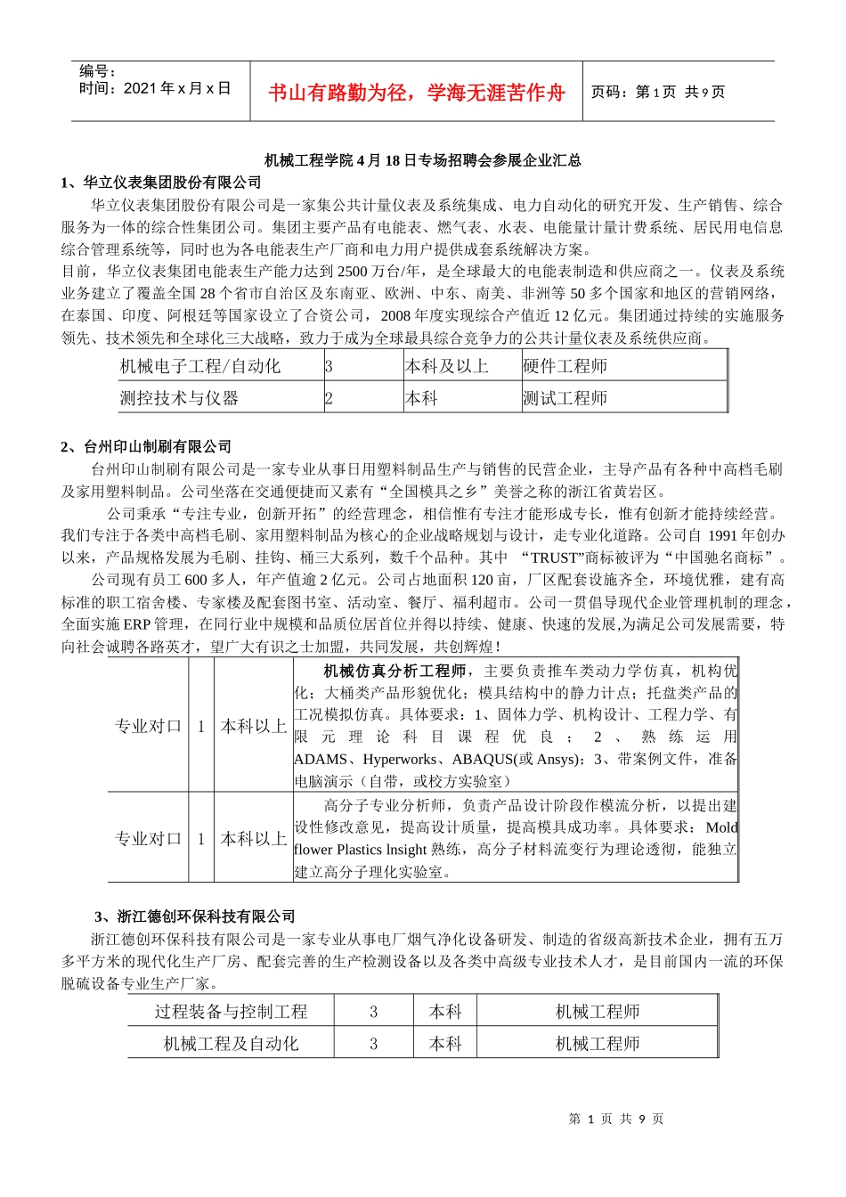 机械工程学院4月18日专场招聘会参展企业汇总_第1页
