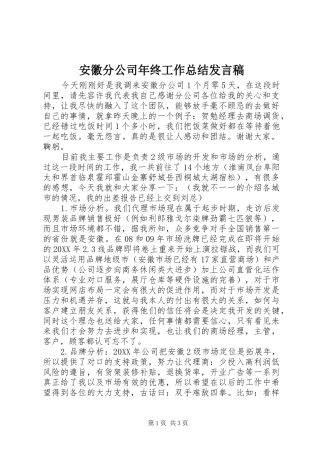 安徽分公司年终工作总结发言稿