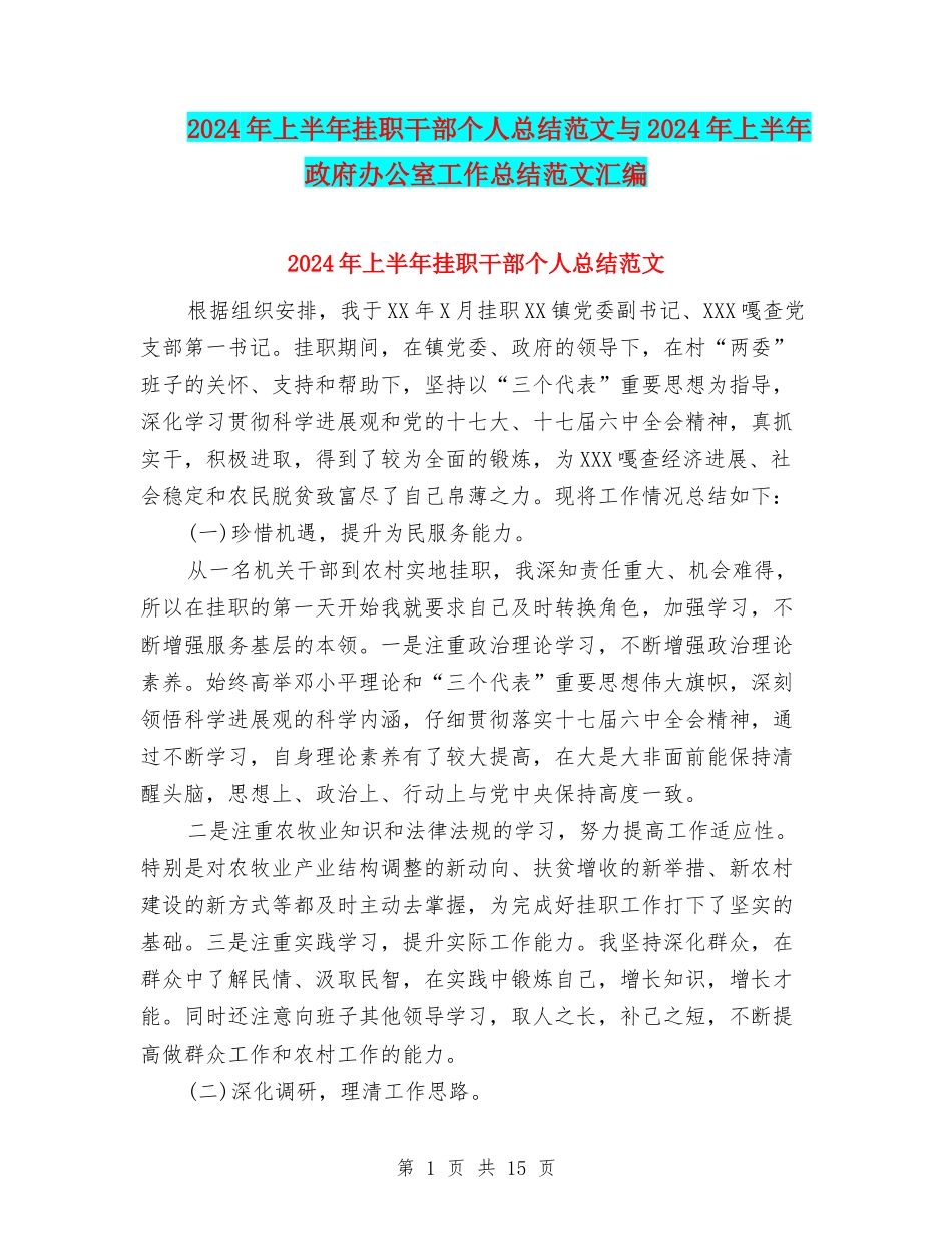 2024年上半年挂职干部个人总结范文与2024年上半年政府办公室工作总结范文汇编_第1页