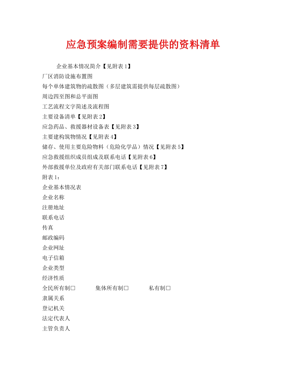 《安全管理应急预案》之应急预案编制需要提供的资料清单 _第1页