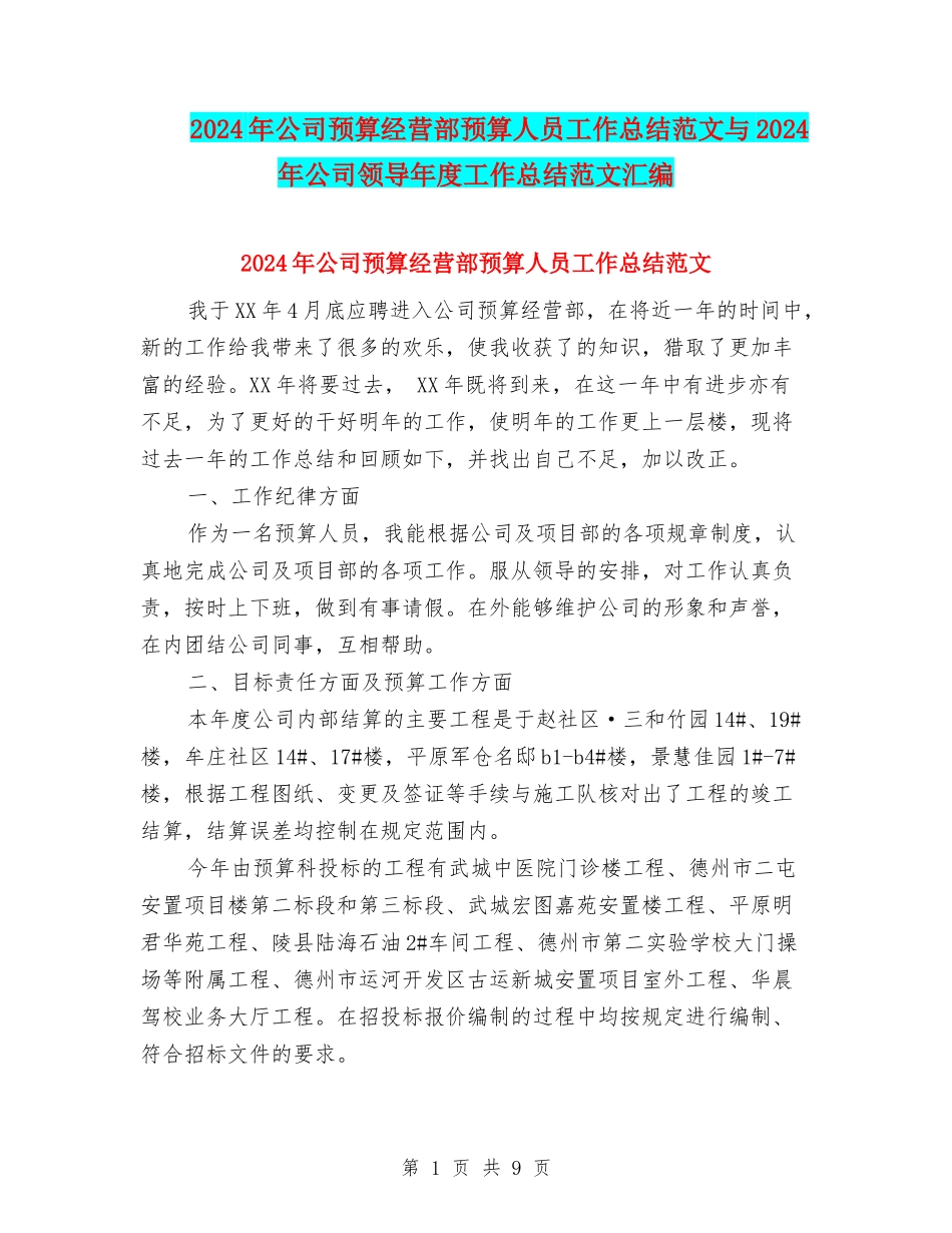 2024年公司预算经营部预算人员工作总结范文与2024年公司领导年度工作总结范文汇编_第1页