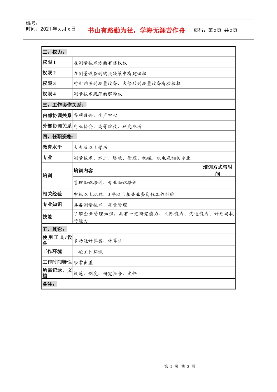 某工程公司测量工程师岗位说明书_第2页