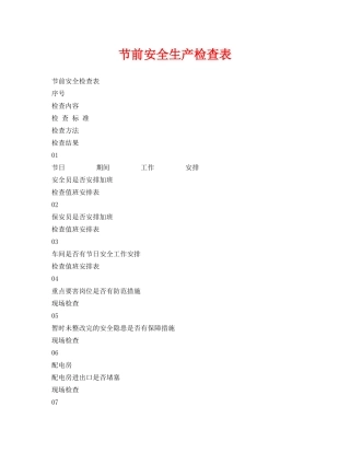 《安全管理资料》之节前安全生产检查表 