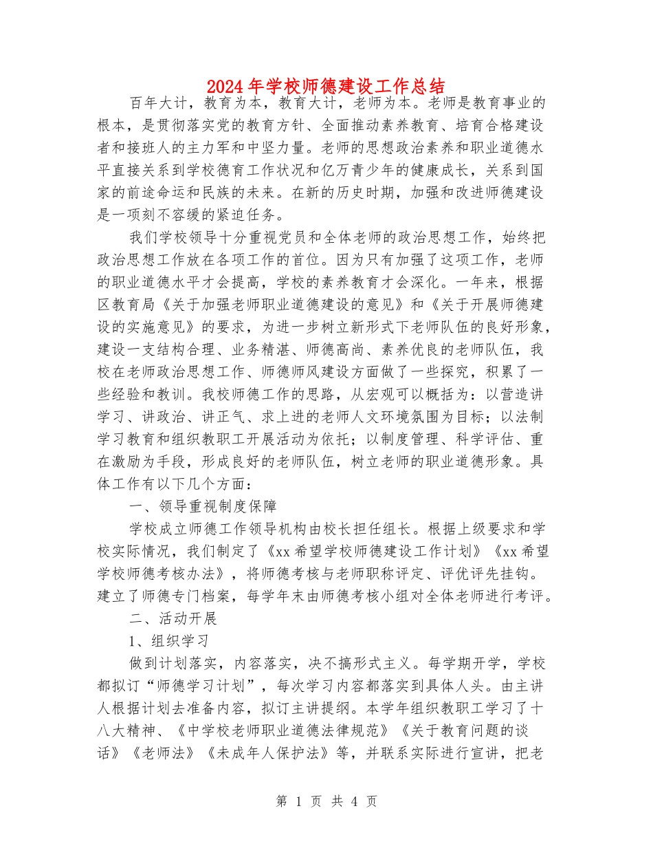 2024年小学师德建设工作总结_第1页