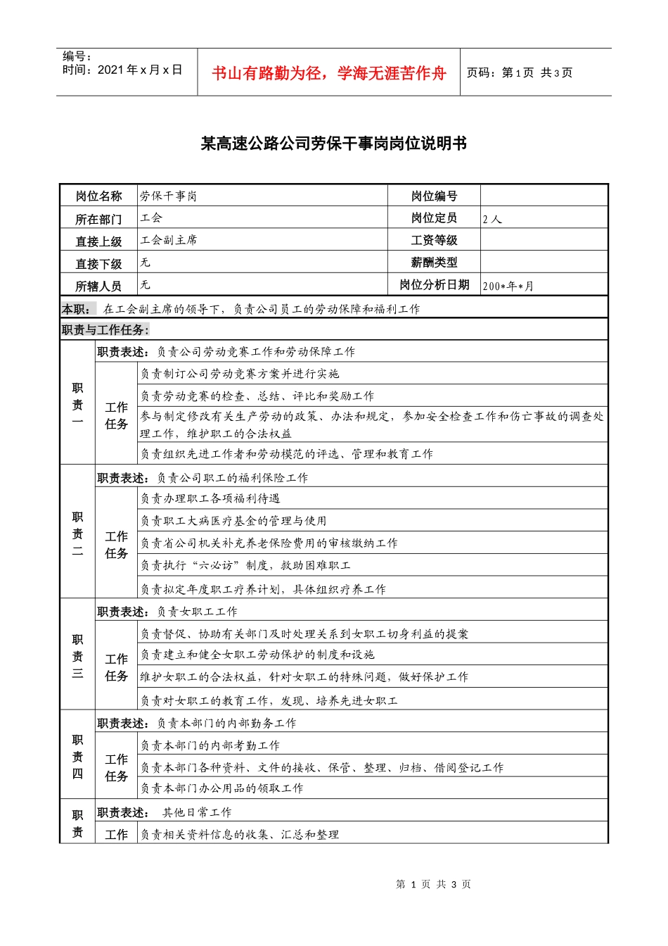 某高速公路公司劳保干事岗岗位说明书_第1页
