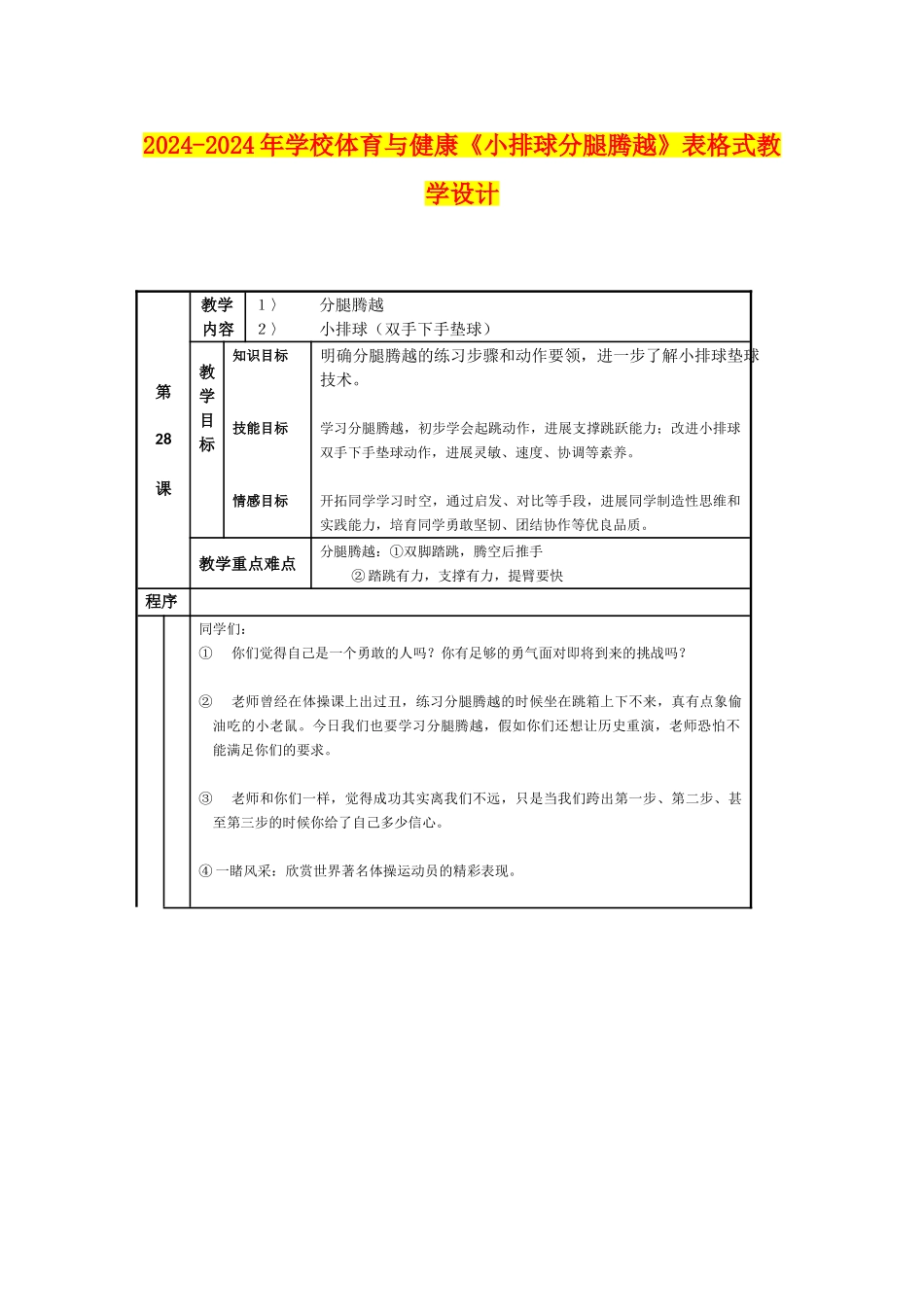 2024-2024年小学体育与健康《小排球分腿腾越》表格式教学设计_第1页