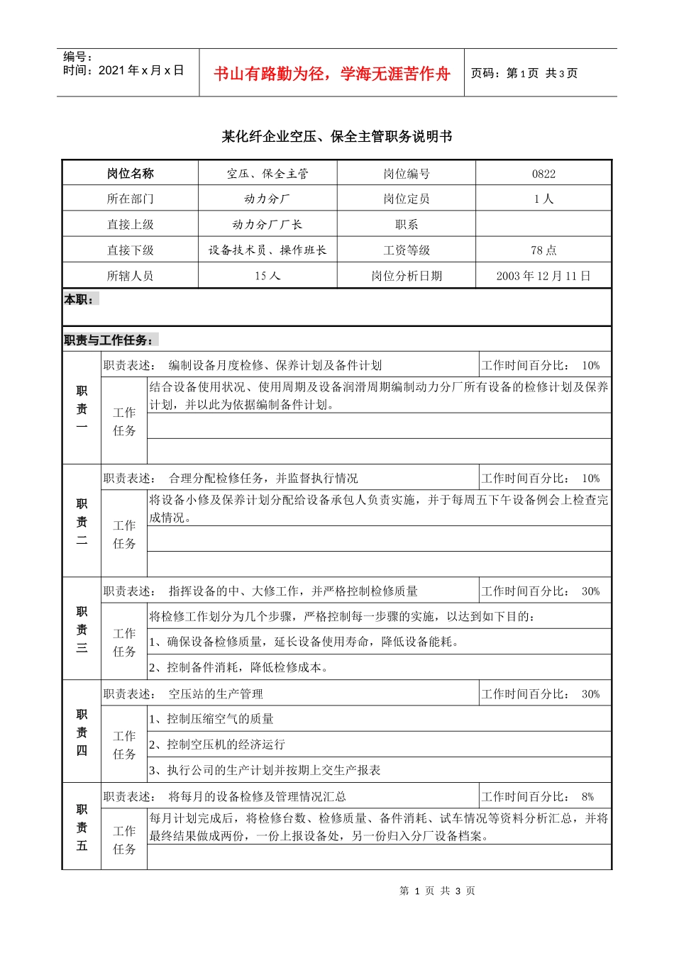 某化纤企业空压、保全主管职务说明书_第1页