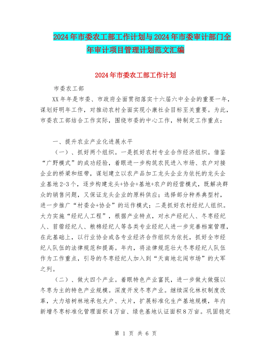 2024年市委农工部工作计划与2024年市委审计部门全年审计项目管理计划范文汇编.doc_第1页