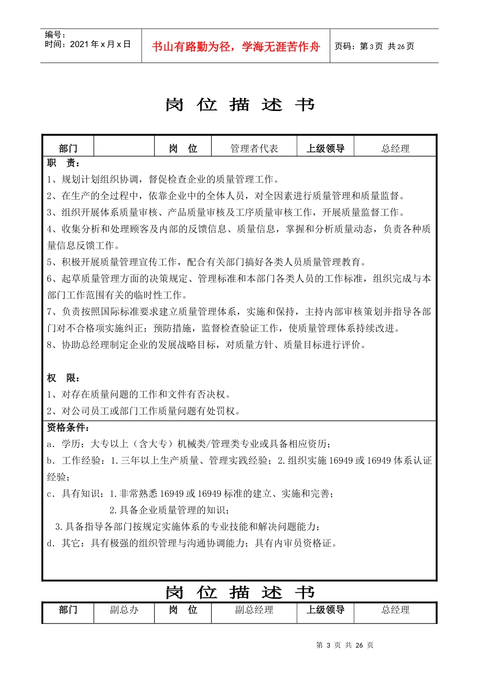某泵业科技有限公司岗位说明书_第3页