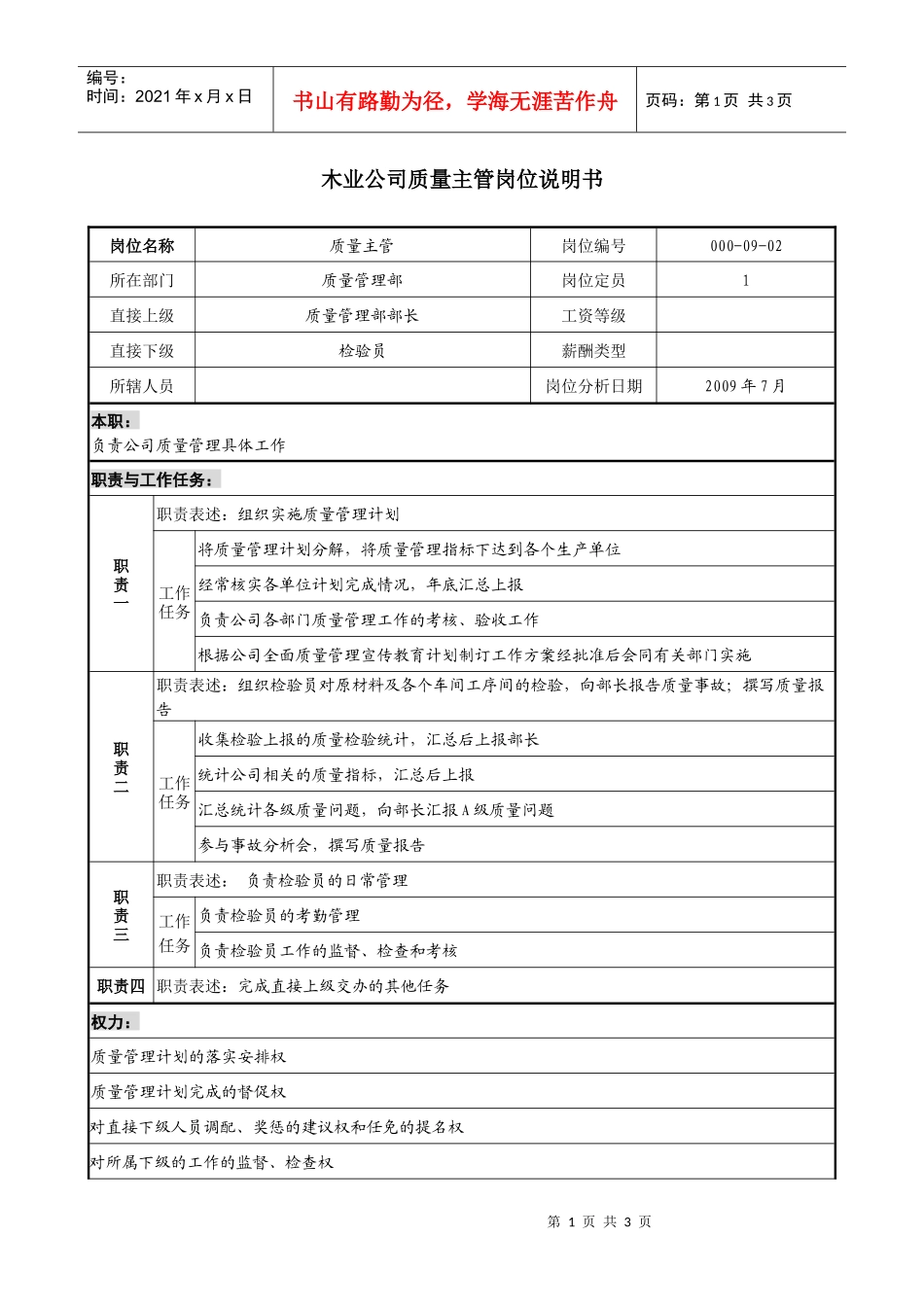 木业公司质量主管岗位说明书_第1页