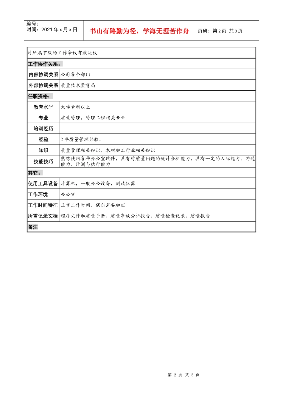 木业公司质量主管岗位说明书_第2页