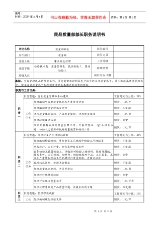 民品质量部部长职务说明书
