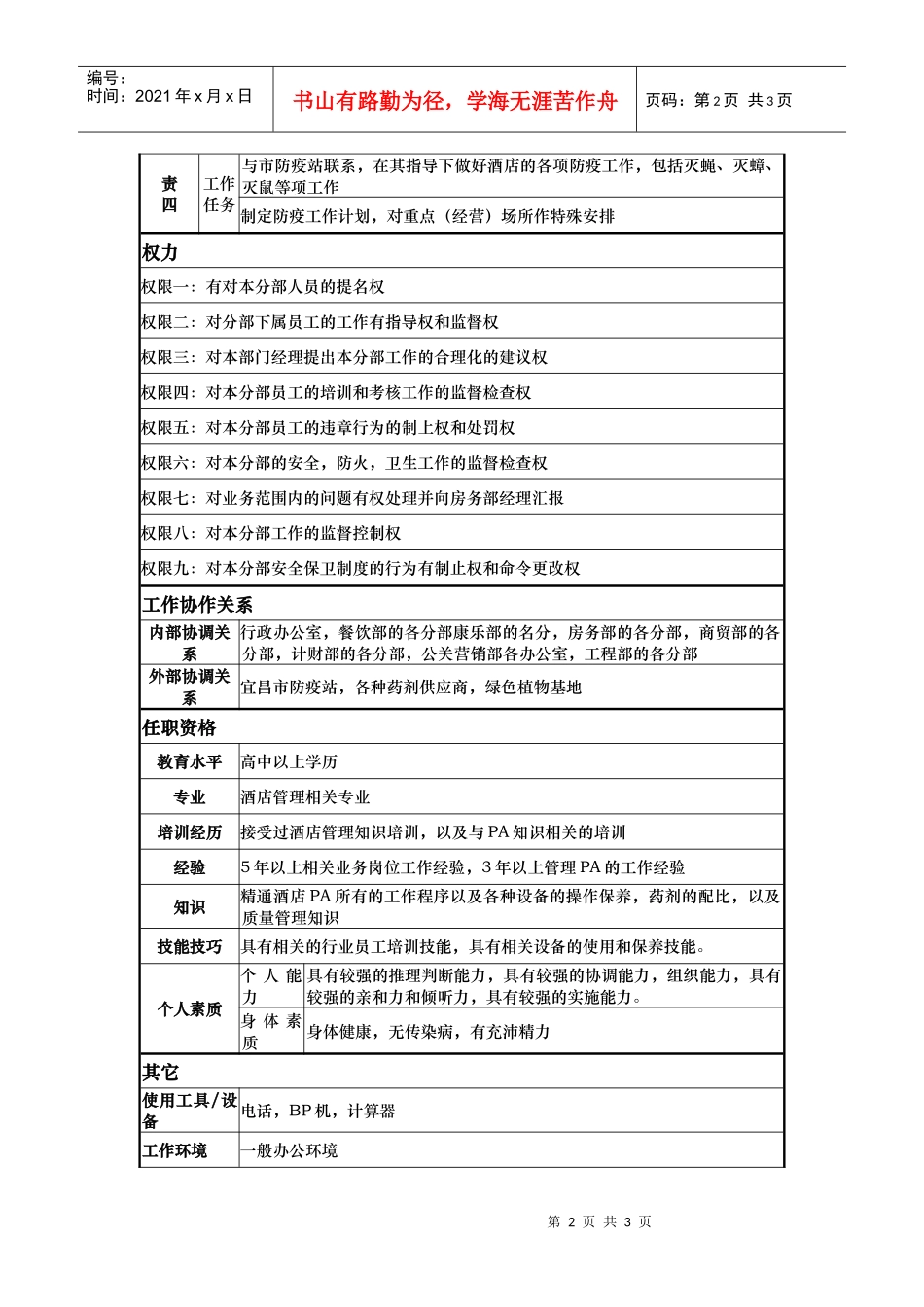 房务部主管（pa）岗位说明书_第2页