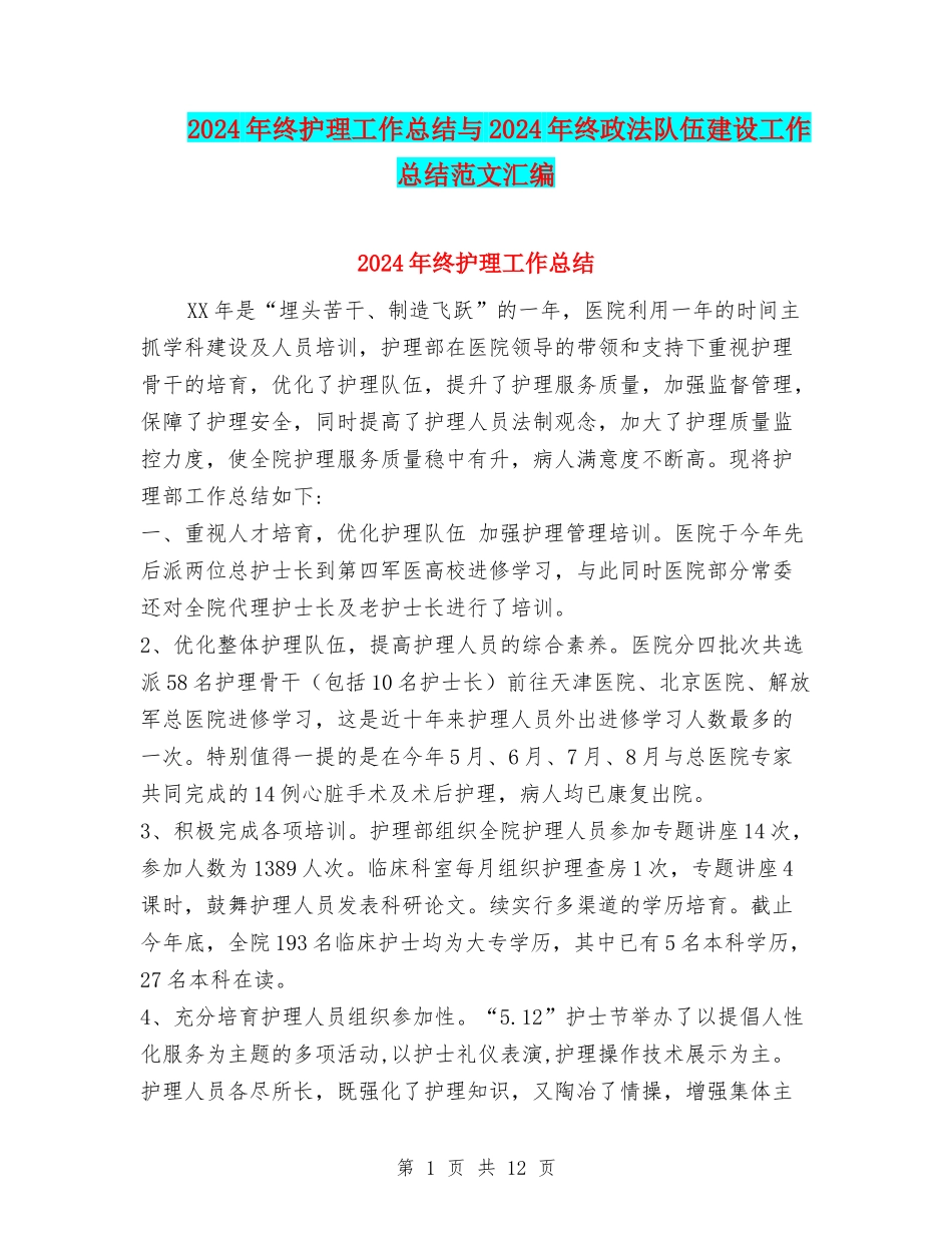 2024年终护理工作总结与2024年终政法队伍建设工作总结范文汇编_第1页