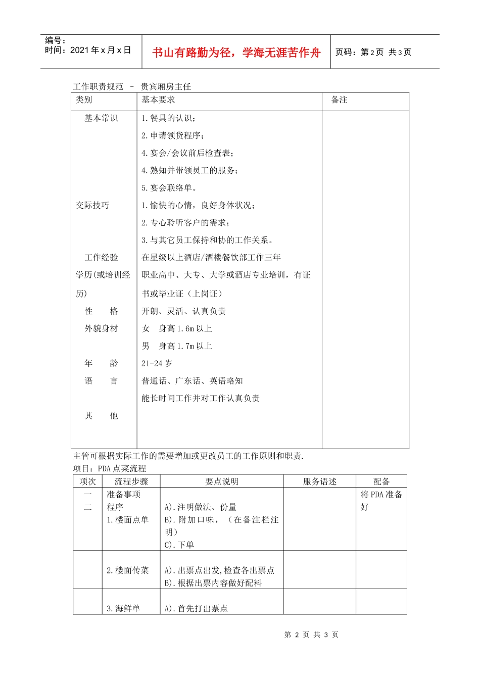 贵宾厢房主任岗位职责和工作要求_第2页