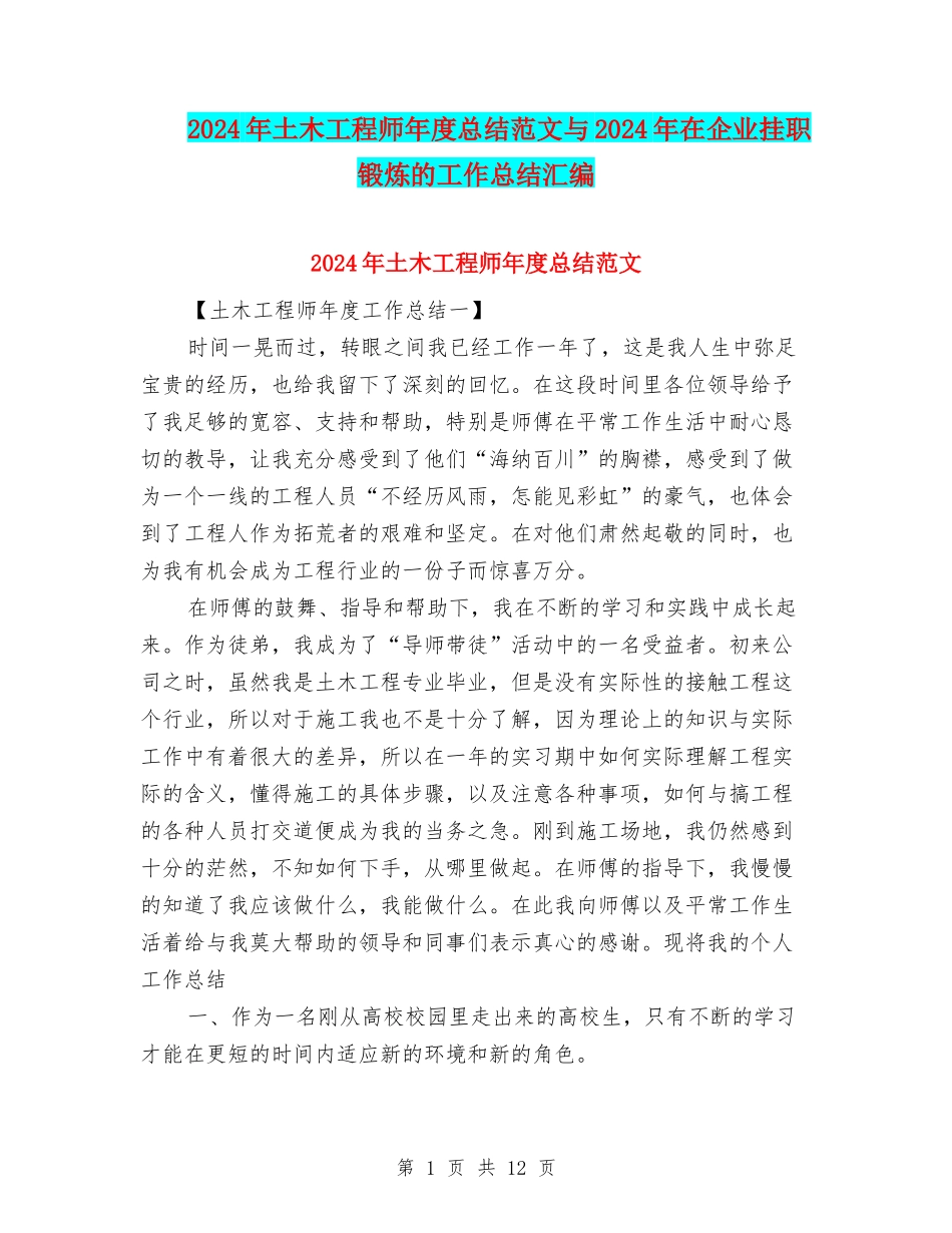 2024年土木工程师年度总结范文与2024年在企业挂职锻炼的工作总结汇编_第1页