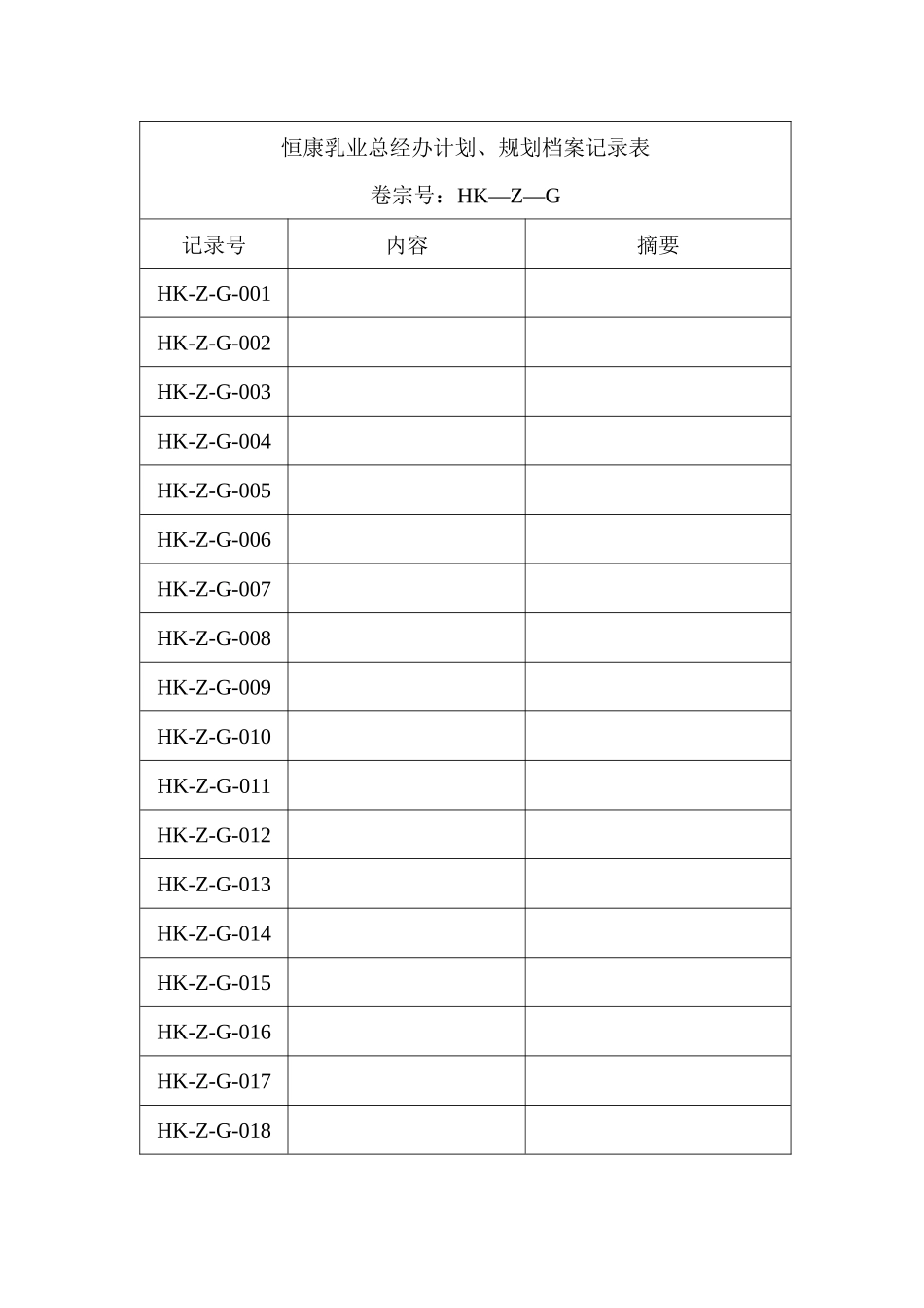 恒康乳业总经办档案记录表_第1页