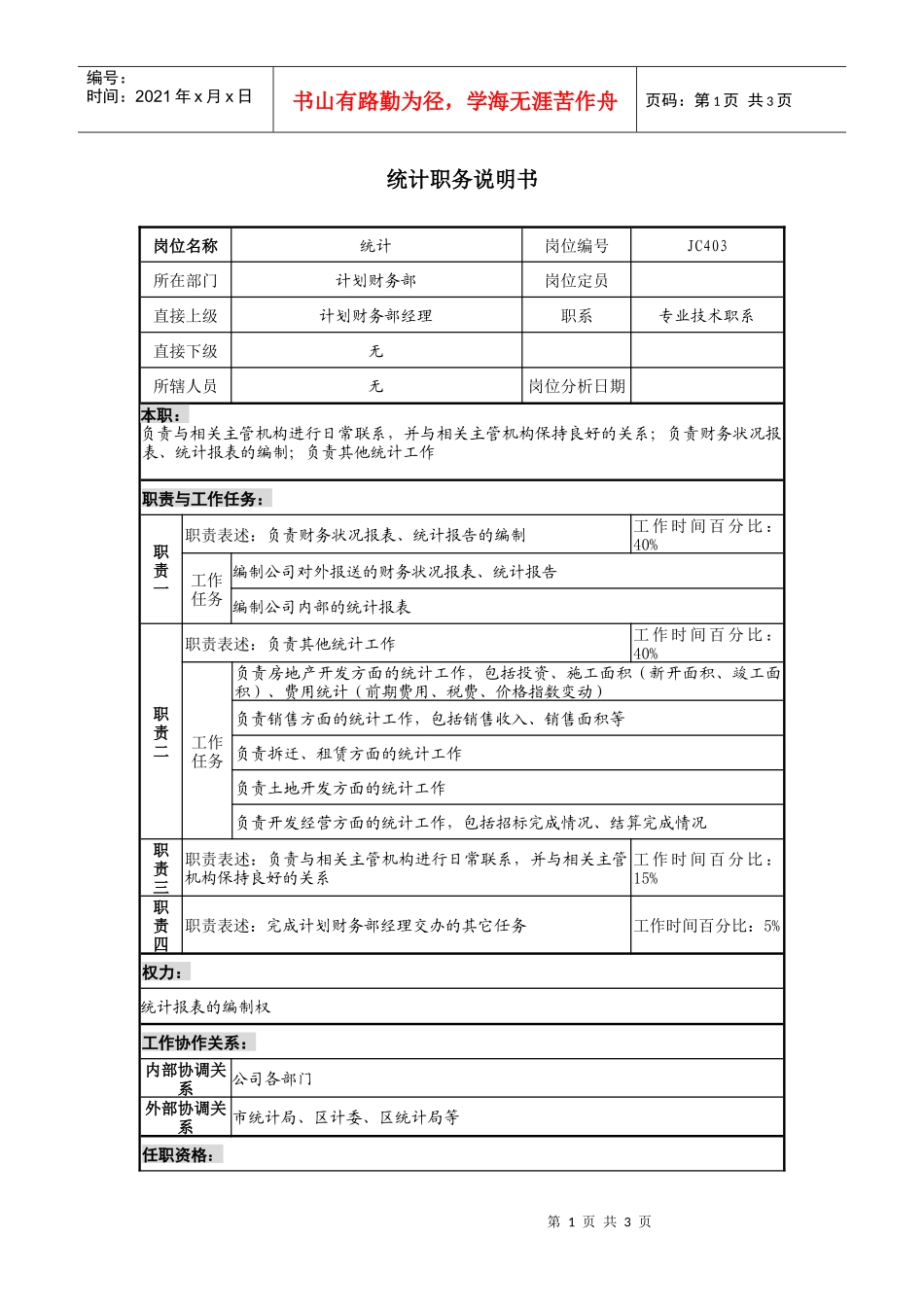 某地产企业统计岗位说明书及KPI指标_第1页