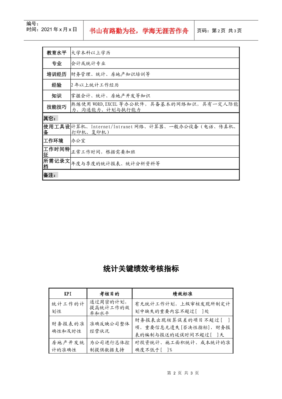 某地产企业统计岗位说明书及KPI指标_第2页