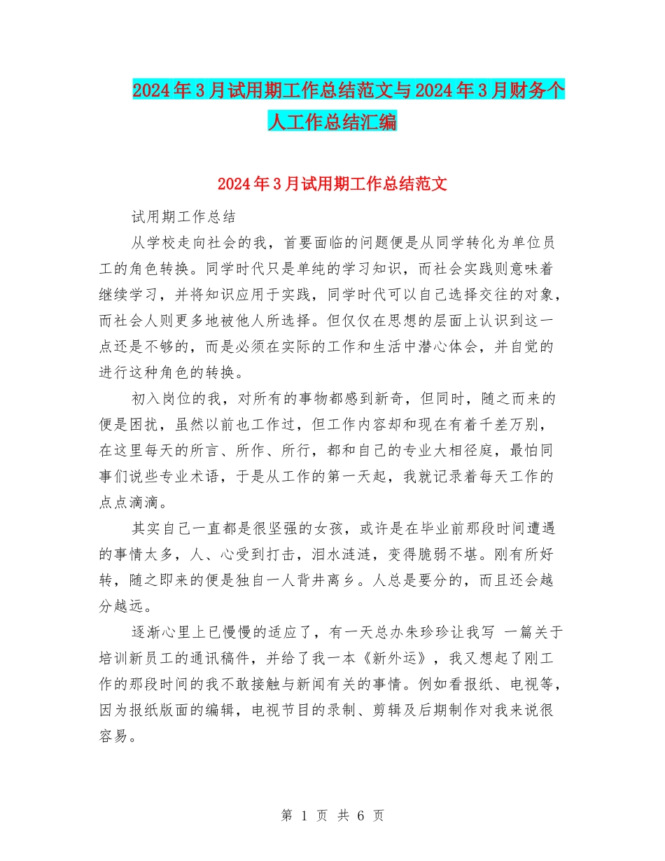 2024年3月试用期工作总结范文与2024年3月财务个人工作总结汇编_第1页